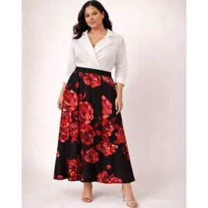 NEW NWT Black & Red Floral Sz 14 Mixed Media Evening Cocktail Maxi Dress ALEXA B
